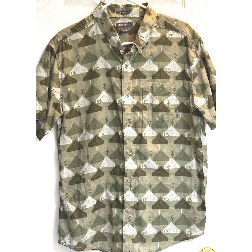Eddie Bauer Mens Green Camping Tent Print Short Sleeve Button Down Shirt Medium